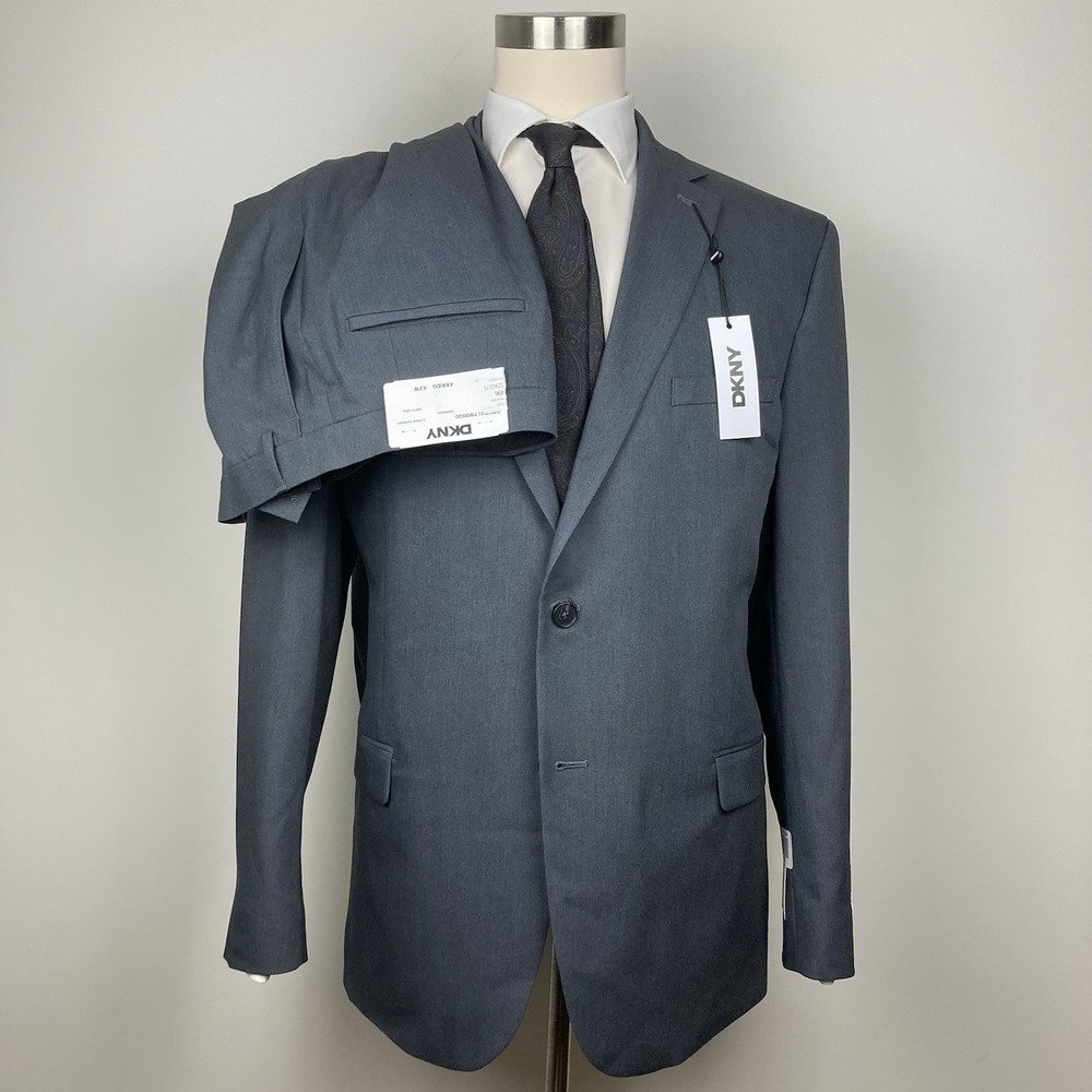 DKNY Men's Modern-Fit Nested Suit 48L Charcoal Pants 42Wx33L